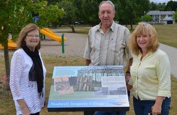 The Saugeen Shores Municipal Heritage Committee unveils the
interpretive plaque at Nodwell Park. Left to right: Chair Joyce
Johnston, committee member Bill Streeter and Vice Deputy Mayor Diane Huber