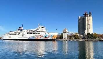 The Chi-Cheemaun sailing into the Owen Sound harbour for her winter berth on October 21, 2024.  Courtesy of Owen Sound Transportation Company.