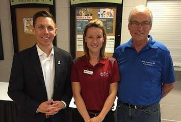 Ontario Progressive Conservative Leader Patrick Brown (left),  OPC 2015 President Christine Schoonderwoerd (centre), and local MPP Randy Pettapiece pose at the entrance to the 2015 Ontario Pork Congress in Stratford.
Photo by Ryan Drury