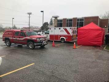 COVID-19 Assessment Clinic in Petrolia in the Central Lambton Family Health Team parking lot. 16 April 2020. (Photo by Bluewater Health)
