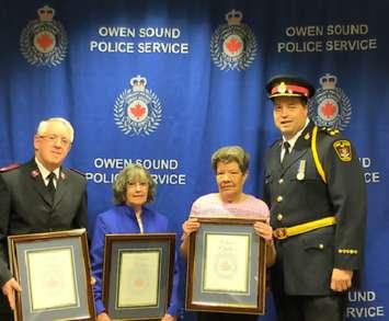 (Left) David Kennedy (Cente) Darlyn Gaviller (Right) Linda Williams (Far Right) Police Chief Ambrose (photo submitted by Owen Sound Police Service)