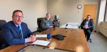 Mayor Darrin Canniff, Dr. David Colby and CAO Don Shropshire during a Facebook live stream on March 24, 2020 (Screengrab via Municipality of Chatham-Kent Facebook)