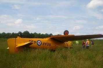 Overturned plane Sunday, July 9th at the Billy Bishop Regional Airport near Owen Sound. (OPP photo)
