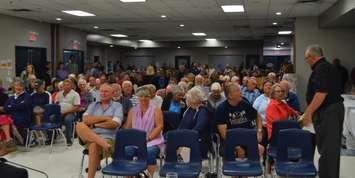 Rotary Hall at The Plex in Port Elgin was overflowing for a public meeting on the proposed  Cedar Crescent Village at the Port Elgin beach. (Photo by Jordan Mackinnon)