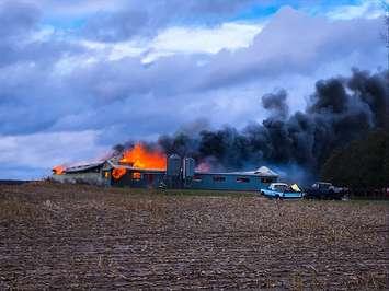 The scene as officers arrived at a fully engulfed barn fire on Sideroad 2 East, just South of Mount Forest on Tuesday, November 6th, 2018 (Photo providied by  Constable Joshua Cunningham, Wellington County OPP)