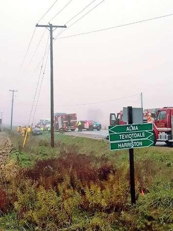 Emergency crews respond to a crash at Wellington Road 7 and Wellington Road 12 in Mapletown Township, October 31, 2018. (Photo courtesy of the OPP via Twitter)