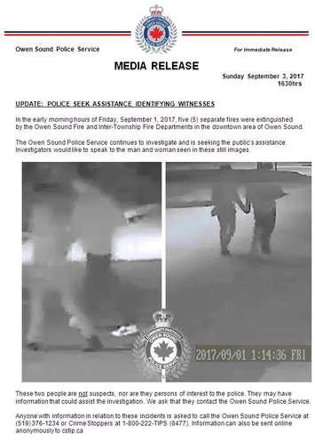 Owen Sound Police have released these still photos taken from surveillance cameras near a series of arson fires. The persons in the photos are being sought as witnesses. Photo courtesy Owen Sound Police.