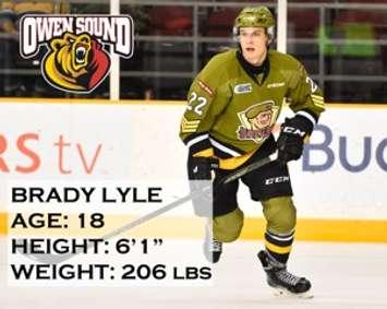 Defenceman Brady Lyle was traded to the Owen Sound Attack. Photo by Aaron Bell/OHL Images. Graphics by the Owen Sound Attack.