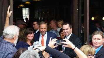 NDP leader Tom Mulcair makes a campaign stop in Stratford Wednesday. (photo by Victor Young)