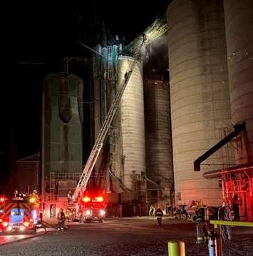 Fire reported at feed mill. November 26, 2022. (Photo courtesy of West Region OPP via Twitter)
