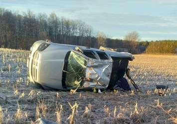 A pickup truck on its side after a single-vehicle crash in Central Huron. January 15, 2023. Photo supplied by OPP.