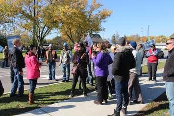 OPSEU Local 138 president at St. Clair College Bernie Nawrocki, far left, speaks with picketing faculty at St. Clair Colleges main Windsor campus, November 8, 2017. Photo by Mark Brown/Blackburn News.