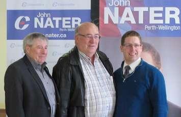 John Nater (far right) is joined by Wellington County Warden George Bridge (far left) and Perth-Wellington MP Gary Schellenberger (centre) in Mount Forest.
Photo submitted