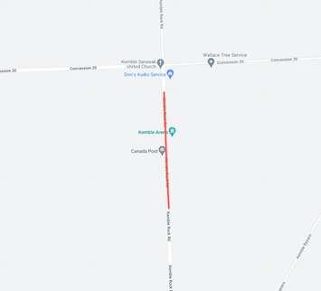 The Township of Georgian Bluffs will be doing roadside ditching work along this highlighted stretch of Kemble Rock Road from January 9 to 18 (Photo provided by Hailey Thomson, Communication Specialist, Township of Georgian Bluffs)