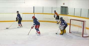 Men's recreation hockey in the Bayfield Arena. (photo by Bob Montgomery)