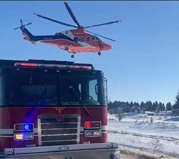 An Ornge air ambulance responding to a serious collision on Highway 6, south of Mount Forest. February 6, 2023. Photo supplied by Wellington County OPP.