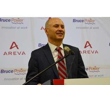 Bruce Power President and CEO Mike Rencheck announces a $55-million high-voltage maintenance deal with Areva. (Photo by Jordan MacKinnon)
