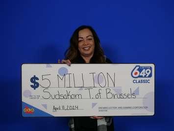 Sudsakorn (Connie) Terpstra of Brussels can “find her possible” after winning $5 million in the LOTTO 6/49 Classic Jackpot on April 3, 2024. Photo from OLG