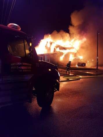 Mapleton Fire Department battle an early morning blaze on Highway 86. March 30th, 2020 (Photo courtesy of Mapleton Fire Rescue via Twitter)