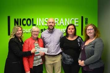 Pictured here are representatives from Huron Shores Hospice gratefully receiving this substantial
contribution from Nicol Insurance Inc. to kick off Phase II fundraising efforts for a second residential
hospice bed in south Bruce County.  
From left to right, Peggy Zeppieri and Cheryl Cottrill from Huron Shores Hospice and Tim Nicol, Krista
Holtby and Alyssa Beattie from Nicol Insurance Inc. (Photo provided by Huron Shores Hospice-Cheryl Cottrill)