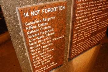 The names of the 14 women killed in the December 6, 1989 massacre at Montreal's Ecole Polytechnique engraved on a memorail at the University of Windsor. (Photo by Ricardo Veneza)