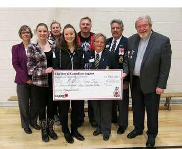 Front row (L to R): KDSS Student Council Co-Presidents and Vimy travelers Avery Fitzgerald and Rylee Evans, Kincardine Legion President Mary Farrell, and Rev. Jim Weir.
Second row (L to R): Vice-Principal Suzanne Kennedy, Teacher/Chaperones Jennifer Evans and Dan Weigand, and Kincardine Legion Vice-President Jim McDonald. (photo by Kate Venner)  