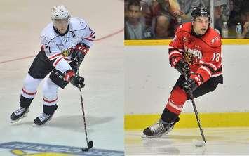 Nick Suzuki (left) and Markus Phillips (right) of the Owen Sound Attack. Photos by Terry Wilson / OHL Images.