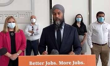 Federal NDP Leader Jagmeet Singh at Goodwill Industries in London, July 15, 2021. Photo from Zoom.