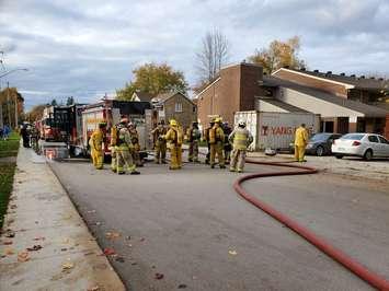 Minto Fire Department on scene of a fire in Harriston on October 20, 2020. (Picture courtesy of OPP via Twitter)