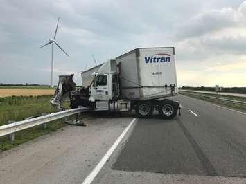 Police responded to a jack-knifed tractor trailer on Hwy. 401 in Chatham-Kent, July 13, 2017. (Photo courtesy of the OPP)