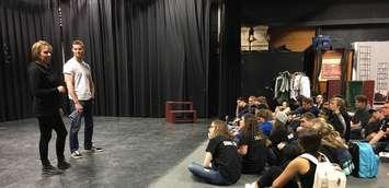 Jared Keeso, right in white t-shirt, the creator and star of Letterkenny, and Listowel native, talks to drama students at LDSS during the 71st annual Sears Drama Festival, alongside teacher Stefanie Webster, left in black. March 24th, 2017 (Photo by Ryan Drury)