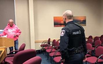 Saugeen Shores resident John Mann was escorted by police from council chambers after refusing to leave the podium. Photo by Fiona Robertson.