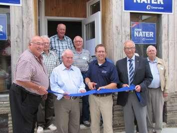 Joining Nater at Opening of Harriston Campaign office were Town of Minto Deputy Mayor Ron Faulkner, outgoing MP Gary Schellenberger, current MPP Randy Pettapiece and former MPP Bert Johnson. (Photo courtesy of John Nater Conservative campaign)
