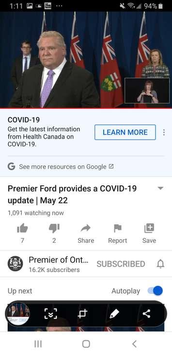 Ontario Premier Doug Ford and Minister of Labour Monte McNaughton speak to the media on May 22, 2020. Screengrab from Premier of Ontario/YouTube.