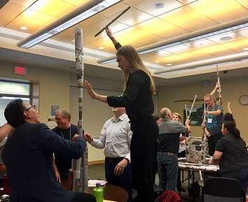 Bluewater District School Board teachers take part in a building activity during the recent STEM event in Chesley. (photo submitted)