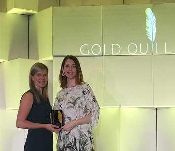 Bruce Power employees Megan Adams,(left) Section Manager of Communications, and Kathleen Scott, (right) Registered Graphic Designer, accepted a Gold Quill Award for Excellence in Safety Communication from the International Association of Business Communicators at the group’s annual world conference in Vancouver, on June 11, 2019. (photo submitted by Bruce Power)