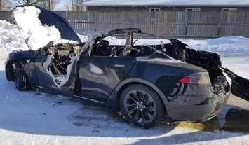A Tesla is destroyed after a fire in Tiverton. January 14, 2022. (Photo supplied by South Bruce OPP). 