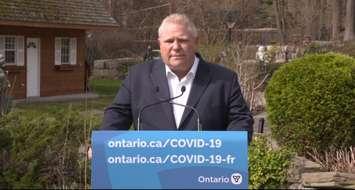 Premier Doug Ford addresses the media while isolating following an exposure to COVID-19. Blackburn News photo.
