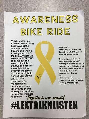 Flyer for the Awareness Bike Ride, to raise mental health and suicide awareness, taking place April 6th, 2018. (Photo by Ryan Drury)
