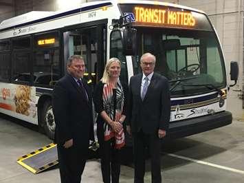 L-R: Stratford Mayor Dan Mathieson, Federal Infrastructure Minister Catherine McKenna and Perth-Wellington MPP Randy Pettapiece stand in the Stratford Transit Garage in front of a bus after announcing 4 million dollars in collective funding to improve Stratford's transit system. February 26th, 2020 (Photo by Ryan Drury)