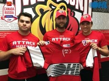 Markus Philips, Jonah Gadjovich and Nick Suzuki (left to right) have been named to the OHL roster for the Canada vs. Russia game in Owen Sound on November 9th. (Submitted photo)