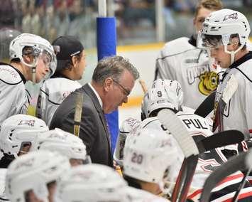 Owen Sound Attack head coach Ryan McGill instructing his players during a game in the 2015-16 season.