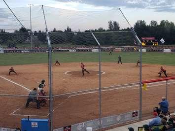 Canada on the field against Australia at the 2018 WBSC Jr. Men's World Softball Championships in Prince Albert, SASK. The game ended in a 2-0 loss for Canada. (Photo by Steve Sabourin)
