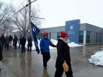 Members of the OSSTF picket in front of the Avon Maitland District School Board in Seaforth on February 13, 2020. (Photo by Bob Montgomery)