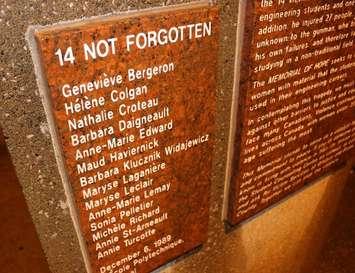 The names of the 14 women killed in the December 6, 1989 massacre at Montreal's Ecole Polytechnique are engraved on a memorial at the University of Windsor. (Photo by Ricardo Veneza) 