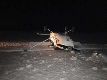 A plane upside down after an attempted landing at the Tobermory Airport on Feb. 26, 2018. (Submitted photo by the OPP)