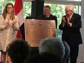 L-R: Anita Gaffney, Stratford Festival Executive Director, Stratford Mayor Dan Matheson, and Dr. Richard Alway, Chair of the Historic Sites and Monuments Board of Canada, as they unveil the plaque commemorating thr Stratford Festival as an event of national historic significance. June 11th, 2019 (Photo by Ryan Drury)