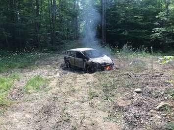 A picture of the burned-out vehicle found by West Grey Police in a field in Glenelg (Photo by Adam Bell)