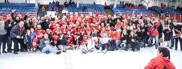 The Leamington Flyers celebrate their first Sutherland Cup championship at Allman Arena in Stratford, May 9, 2023. Photo courtesy Leamington Flyers/Twitter.