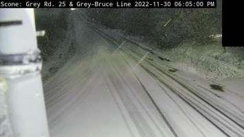A road camera showing Grey Road 25 and Grey-Bruce Line / Bruce Road 10. November 30, 2022. Capture via MTO.  
